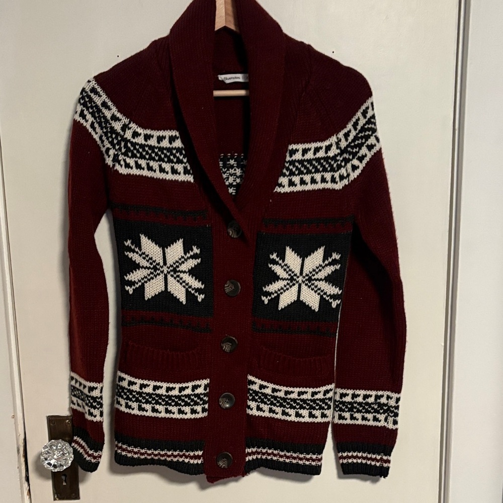 Bluenotes Maroon, Gray and White Patterned Cardigan - Picture 1 of 5
